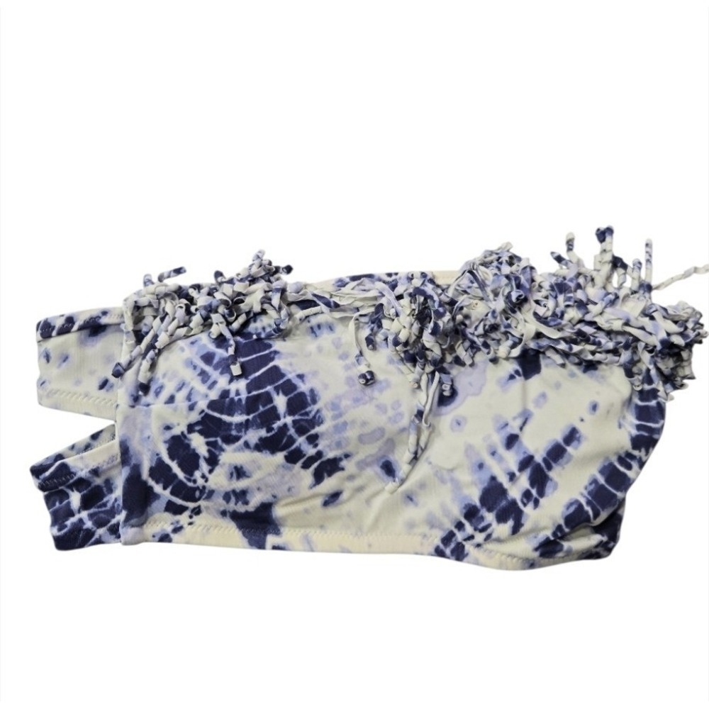 Victoria's Secret Tie Dye Bandeau Bikini Top Blue White Fringe Strapless Large